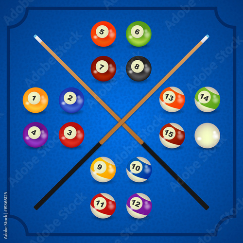 set of billiard balls, billiards, American with cue