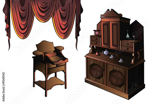 Cupboard and desk of early XIX century, vector illustration