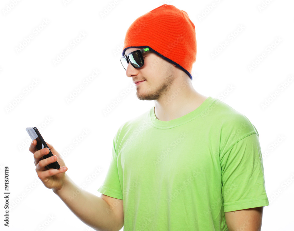 cheerful man using smartphone, cheerful man using smartphone,