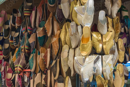 The colorful traditional shoes of Morocco made from leather