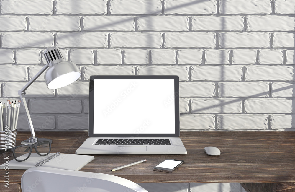 3D illustration laptopand work stuff on table near brick wall 3D illustration laptopand work stuff on table near brick wall