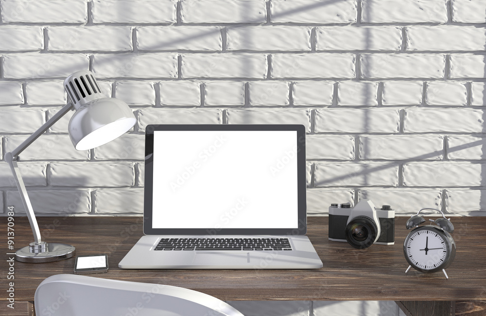 3D illustration laptopand work stuff on table near brick wall 3D illustration laptopand work stuff on table near brick wall