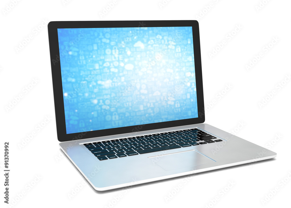 3d rendering of a laptop with blue wallpaper with app icon 3d rendering of a laptop with blue wallpaper with app icon