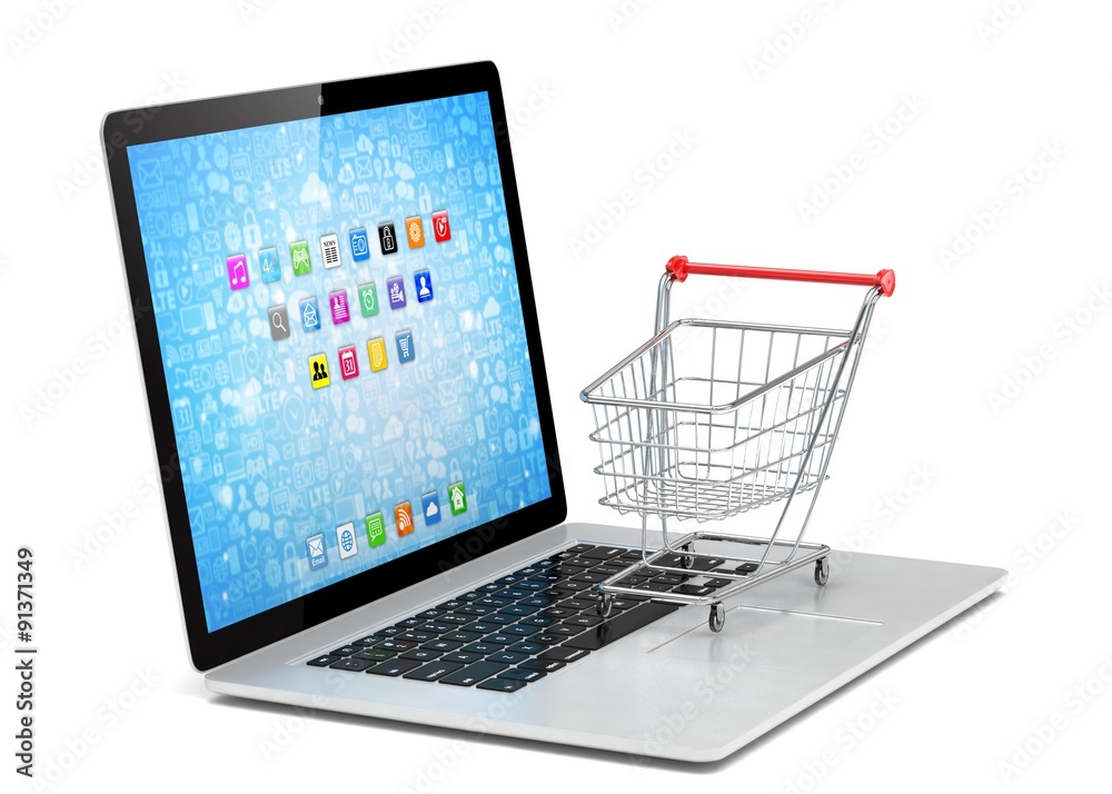Shopping cart on laptop. 