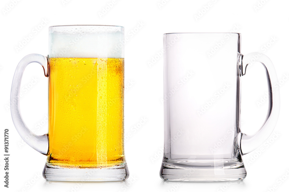 Frosty glass of light beer and empty one Frosty glass of light beer and empty one