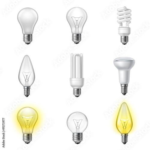 Various types realistic lightbulbs set