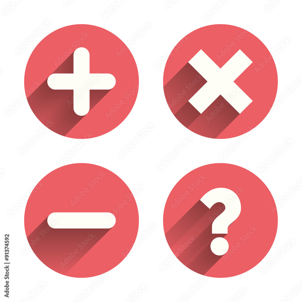 Plus and minus icons. Question FAQ symbol. Plus and minus icons. Question FAQ symbol.