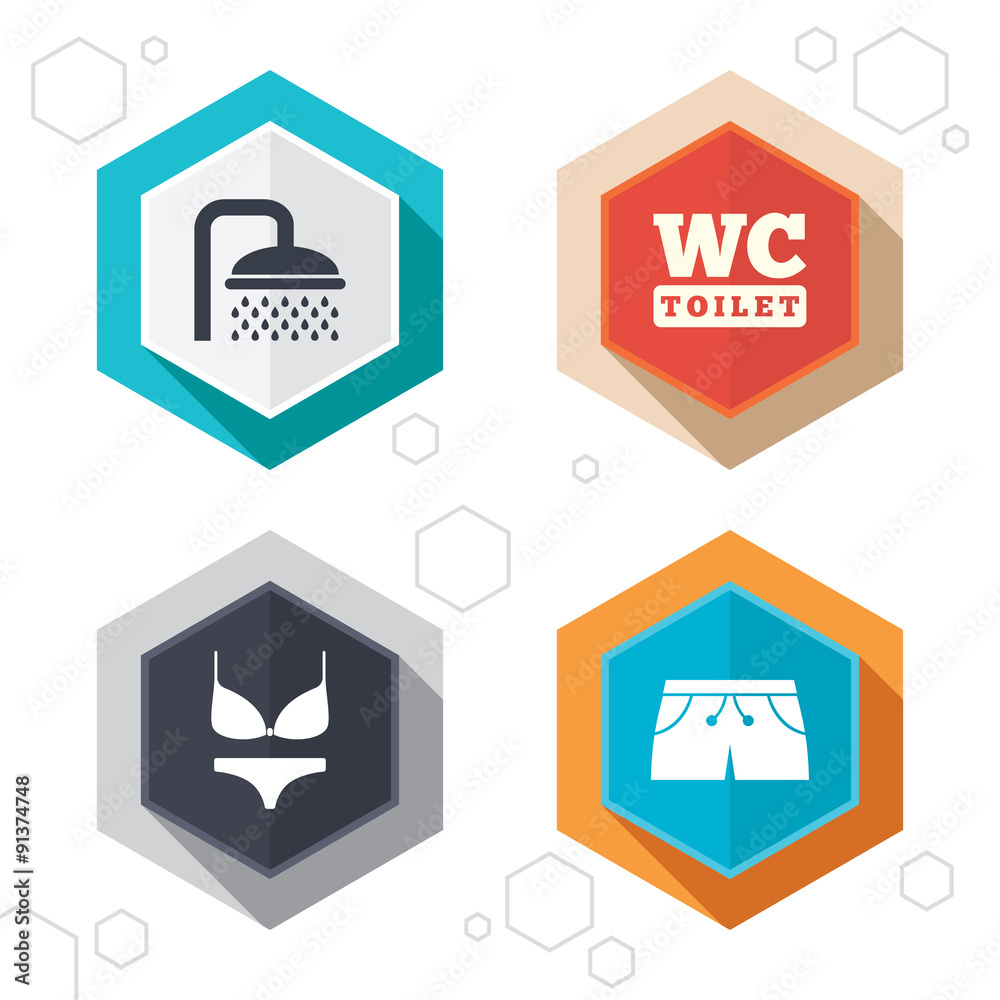Swimming pool icons. Shower and swimwear signs. Swimming pool icons. Shower and swimwear signs.