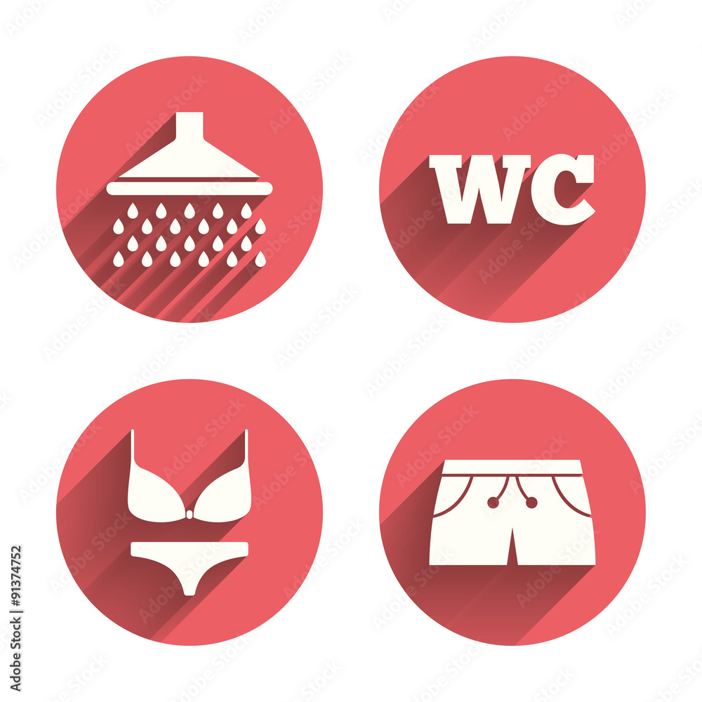 Swimming pool icons. Shower and swimwear signs. Swimming pool icons. Shower and swimwear signs.