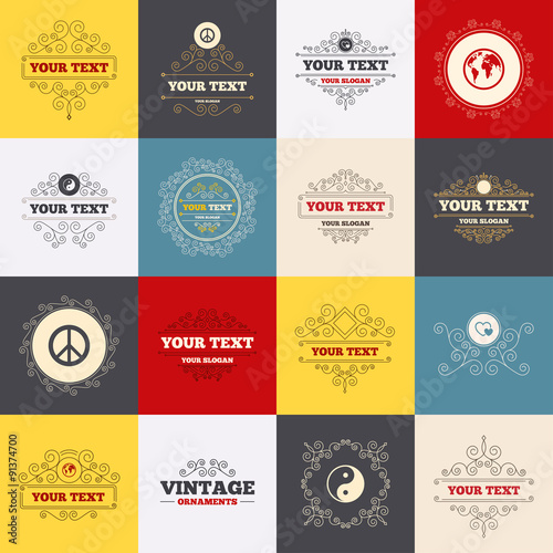 World globe icon. Ying yang sign. Hearts love.