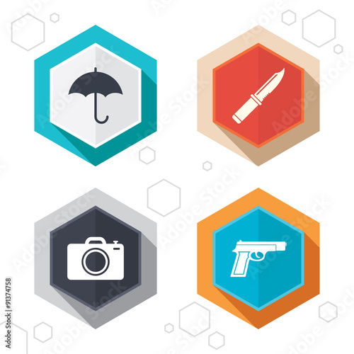 Gun weapon. Knife, umbrella and photo camera.