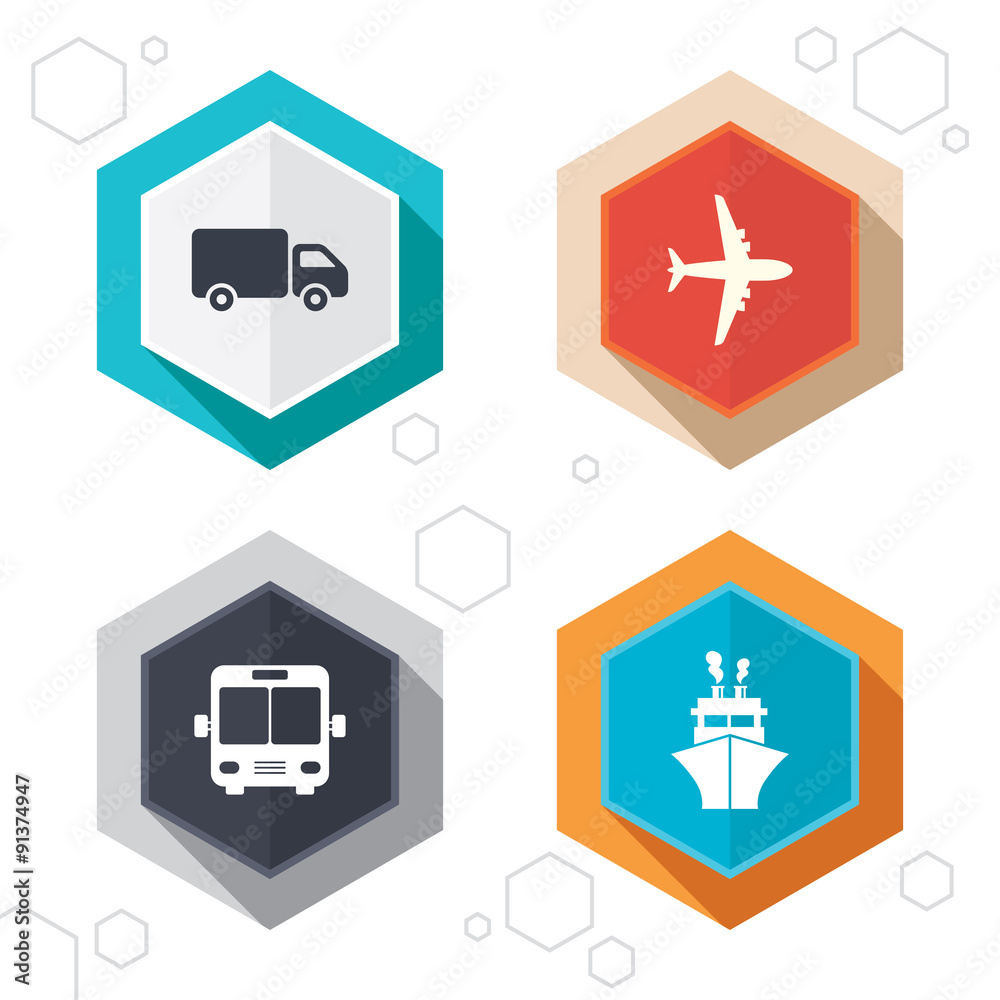 Transport icons. Truck, Airplane, Bus and Ship. Transport icons. Truck, Airplane, Bus and Ship.
