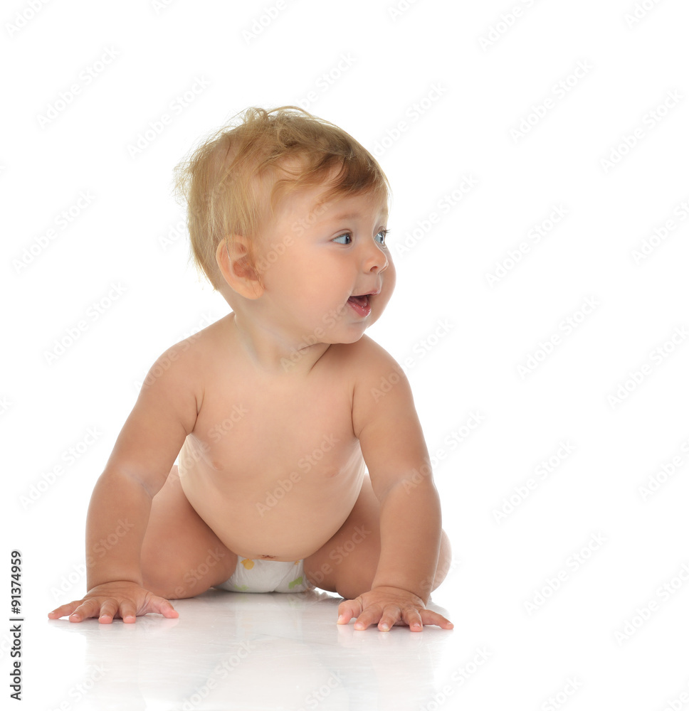 Four month Infant child baby girl in diaper lying happy smiling Four month Infant child baby girl in diaper lying happy smiling