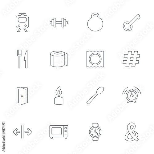 Universal icon. Fitness dumbbell, key and candle