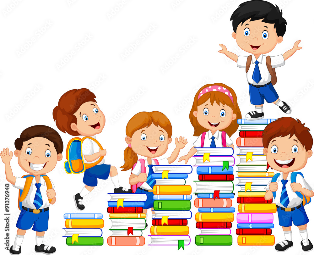 Happy schoolkids playing with stack of books