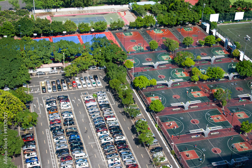 parking lot and basketball court