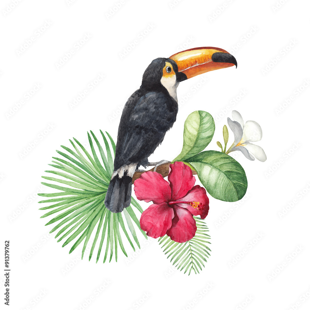Obraz premium Watercolor illustration of tropical flowers and toucan