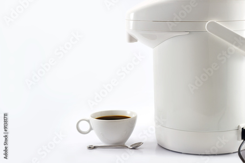 coffee cup and thermos or vacuum bottle on white background