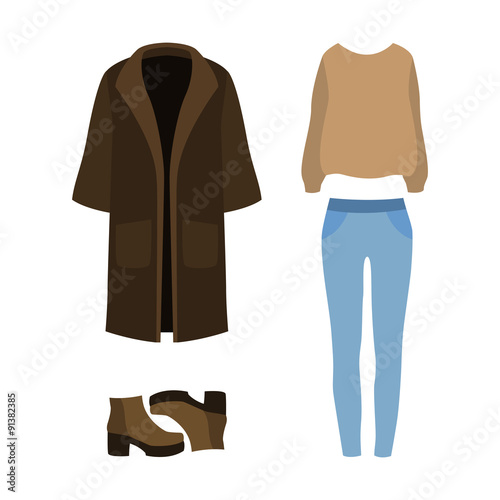 Set of trendy women's clothes with coat, pullover, jeans and boots. Vector illustration
