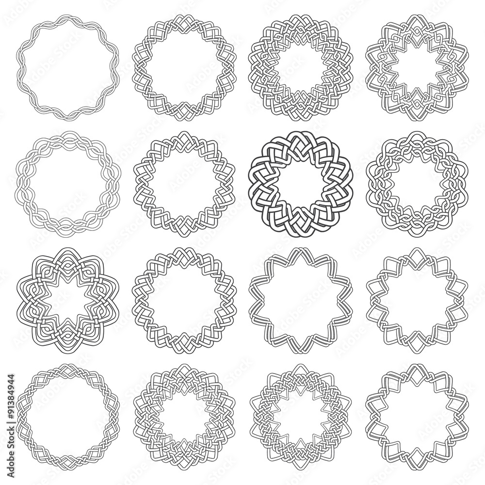 Set of magic knotting circles. Sixteen decagon decorative elements with stripes braiding for your logo or monogram frame design. Creative mandalas collection
