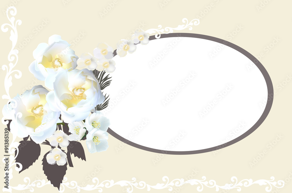 brown oval frame with white roses illustration