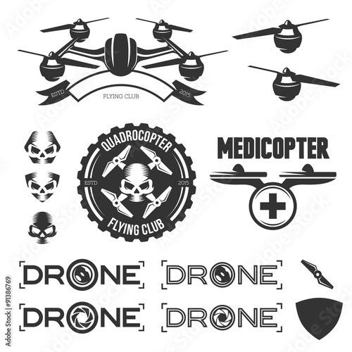 Vector set of drone flying club labels, badges, design elements.