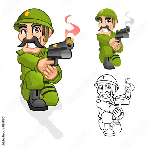 High Quality Captain Army Cartoon Character Aiming a Handgun with Shoot Pose Include Flat Design and Outlined Version Vector Illustration