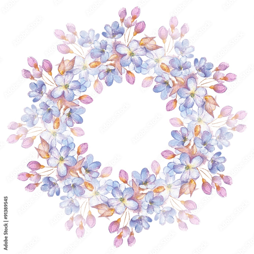 Branch with delicate flowers. Watercolor wreath.