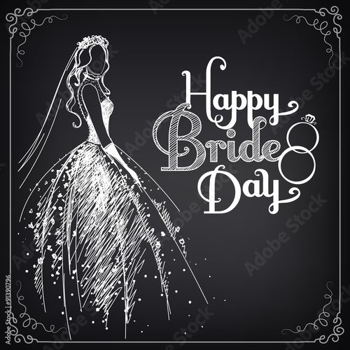 Invitation template with beautiful wedding dress and bride. Vintage style