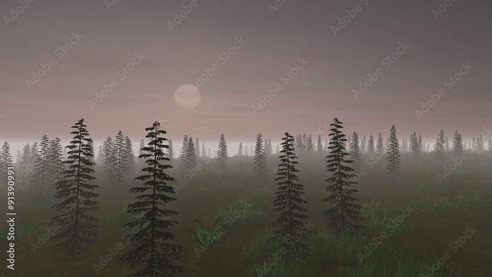Fototapeta premium Sheer cliff. Christmas trees wrapped misty at night time