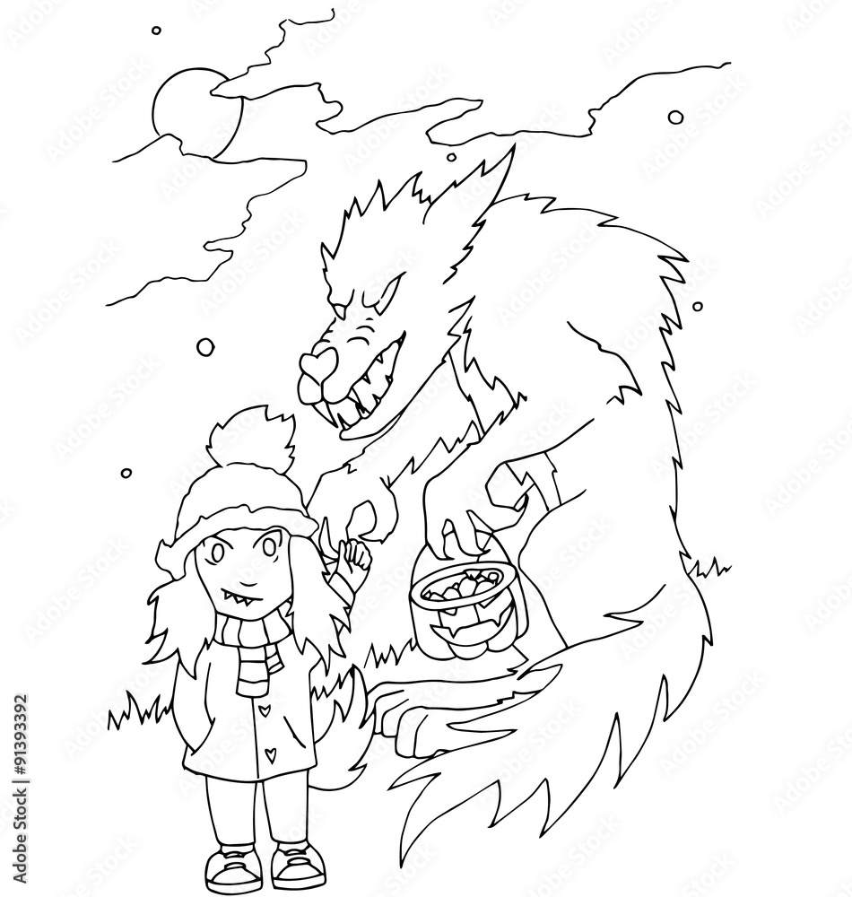 Obraz premium The simple coloring on Halloween theme made by hand drawing with black pencil on a white background