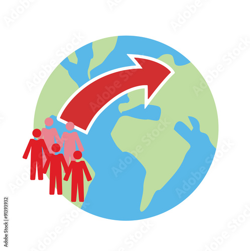 Vector image of people on a globe with an arrow indicating travel, immigration, working abroad, displacement 