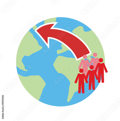 Vector image of people on a globe with an arrow indicating travel, immigration, working abroad, displacement 