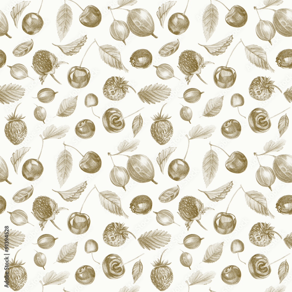 Seamless pattern with berries. Drawing with pencils. Seamless pattern with berries. Drawing with pencils.
