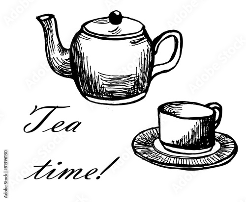 card "tea time" with hand drawn cup and kettle ink sketch vector illustration