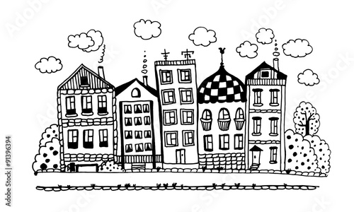 Street of funny lovely cottages with gardens and clouds graphic ink doodle vector illustration