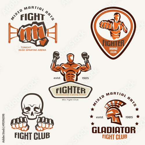 Set of fighting club emblems, MMA, boxing labels and bages