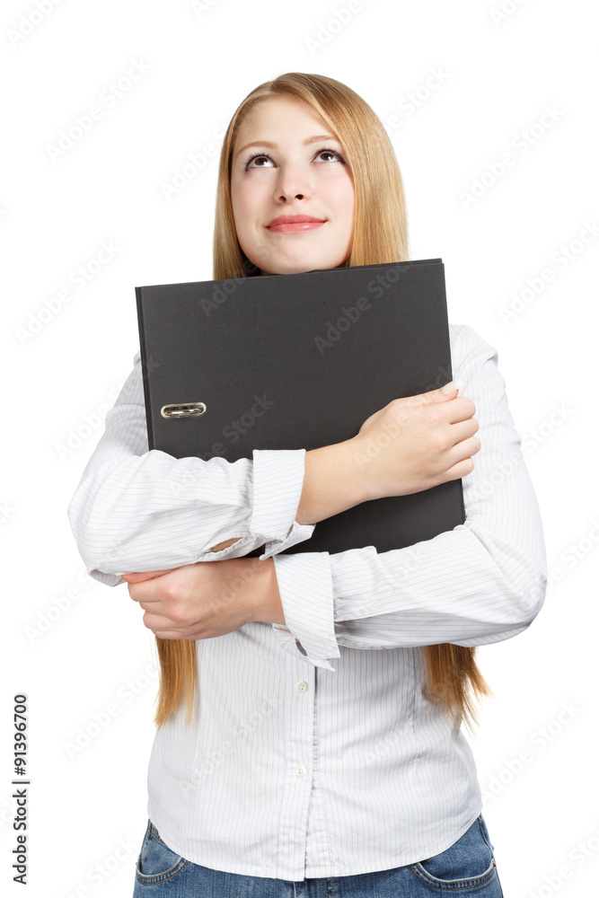 Smiling woman holding black folder with both hands Smiling woman holding black folder with both hands