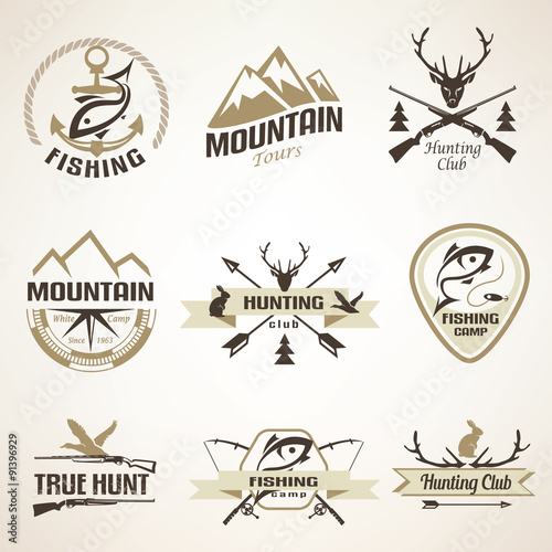 Set of vintage hunting and fishing emblems and labels