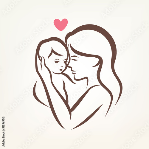 mother and son stylized vector silhouette, outlined sketch of mo