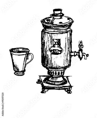 a century old samovar and a cup from the service schedule sketch vector illustration