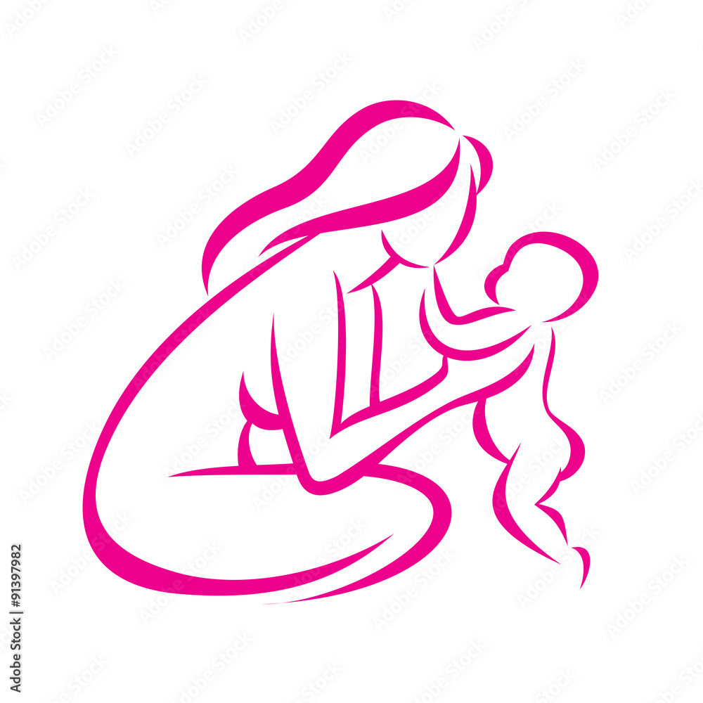 mom and baby stylized vector symbol, outlined sketch mom and baby stylized vector symbol, outlined sketch