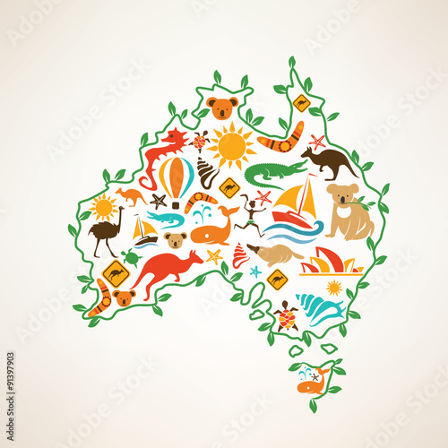 Australia travel map, decrative symbol of Australia continent wi