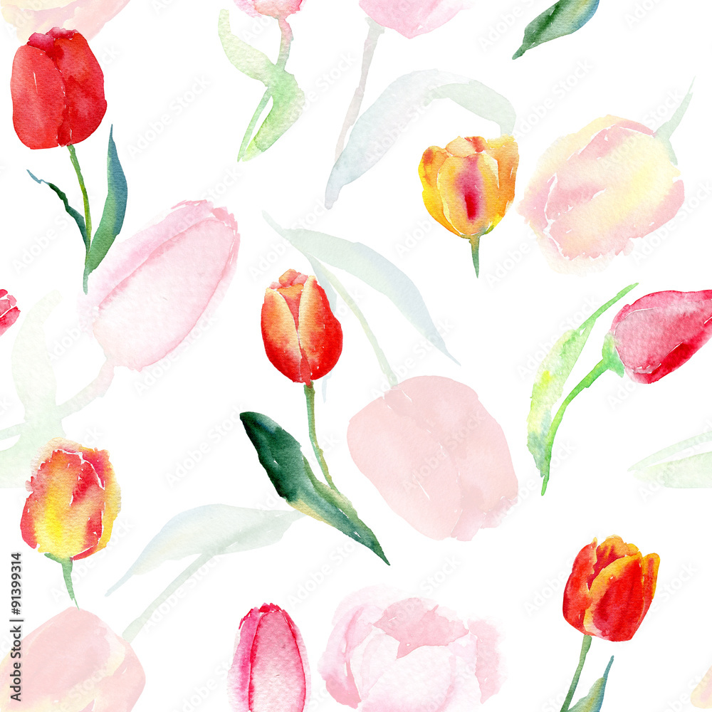 Seamless pattern of watercolor pink, red and yellow tulips.
