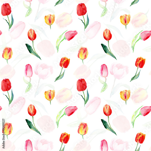 Seamless pattern of watercolor pink  red and yellow tulips.