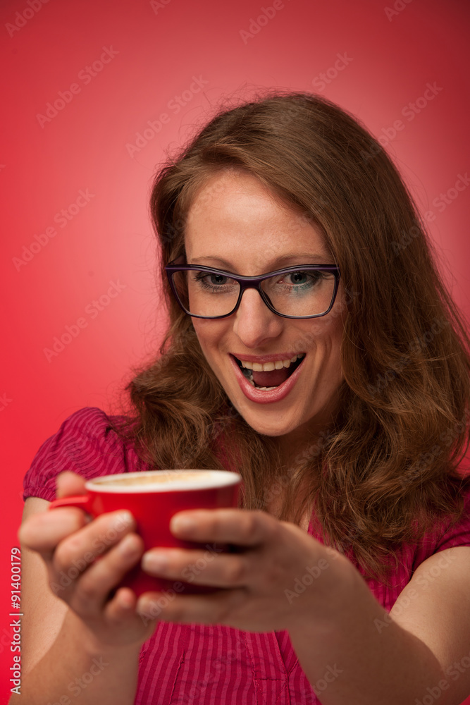 happy woman drinking cup of coffee in early morning happy woman drinking cup of coffee in early morning