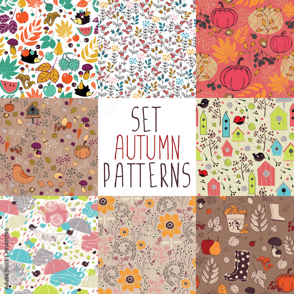 set of seamless autumn pattern with nature