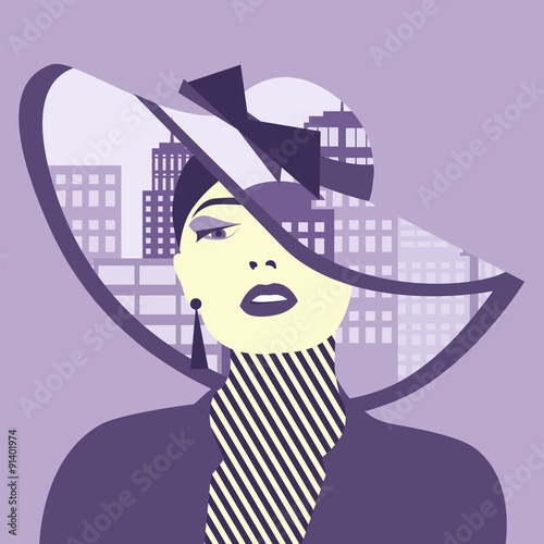 Vector double exposure illustration. Woman with city in her hat