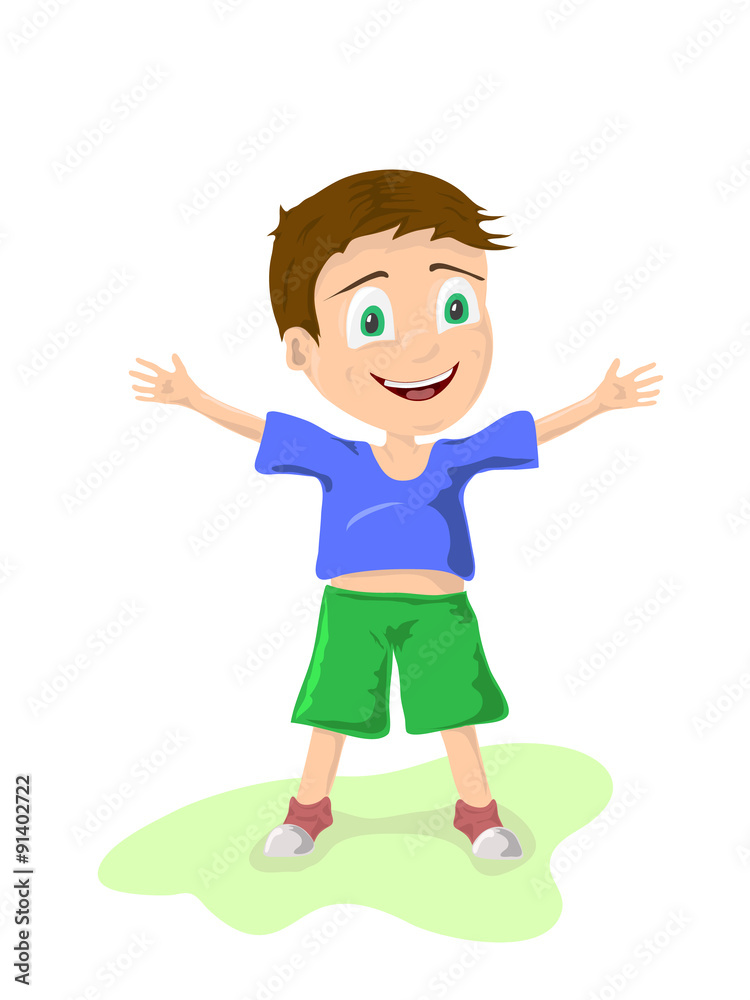 illustration of a fun little boy with open arms on a white background