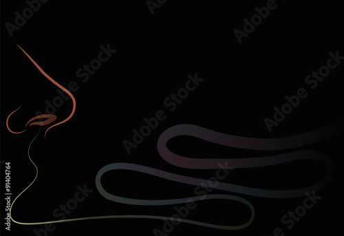 Nose that sniffs an odor trail in the air. Isolated outline vector illustration on black background.